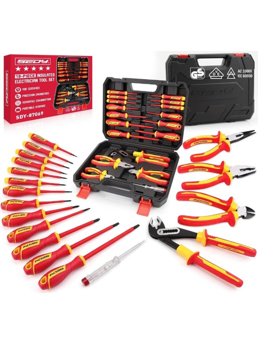 18-Piece Insulated Tool Set for Electricians, Screwdrivers, Pliers & Voltage